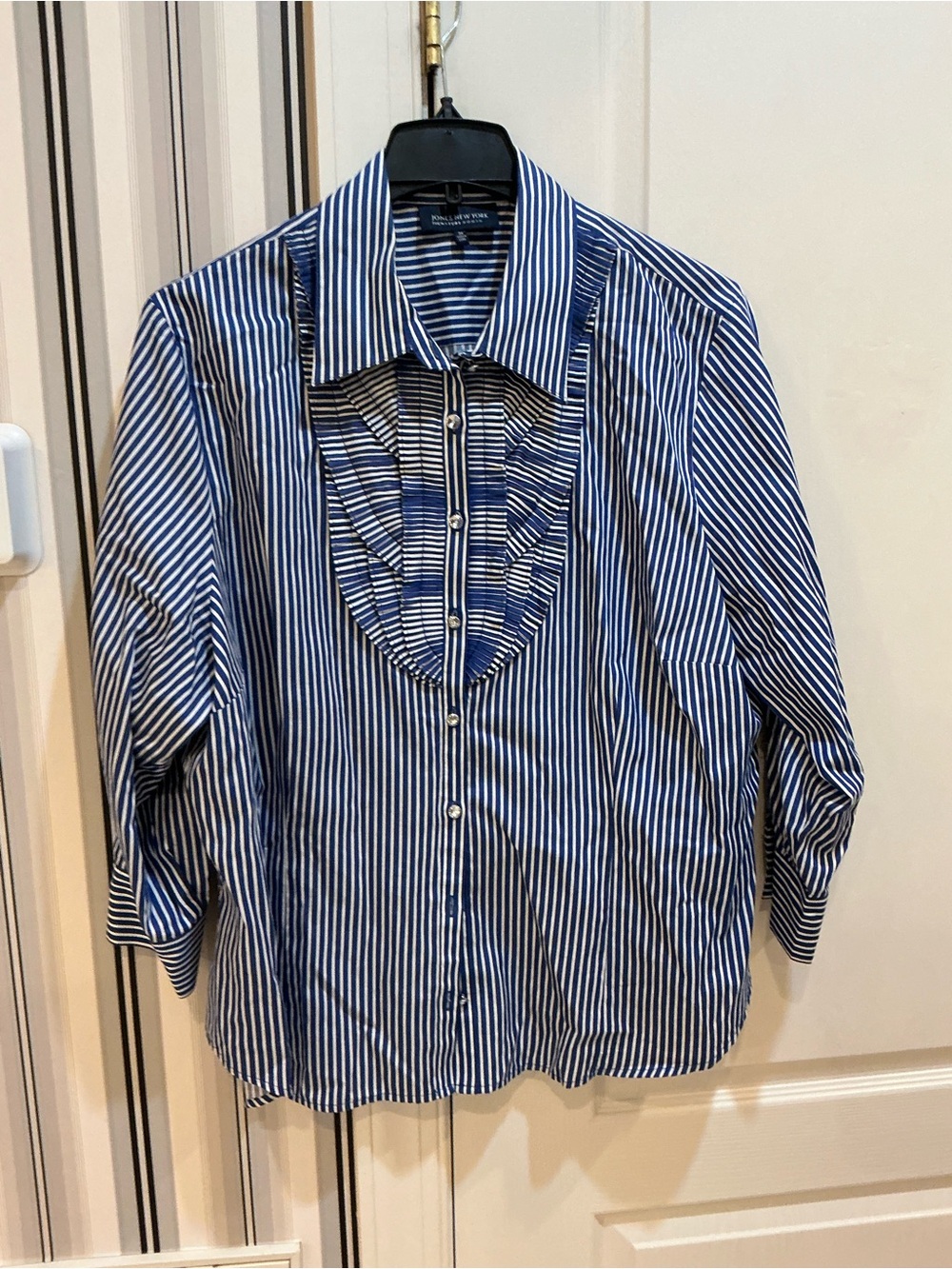 Jones New York Blue and White Striped Ruffle-Bib Button Down Shirt